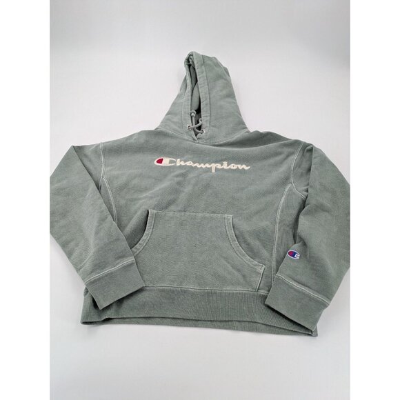 Champion Hooded Sweatshirt Womens Size Medium Green Drawstring Front Logo - Picture 1 of 7